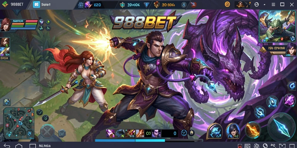 Screenshot dari gameplay seru 988BET di arena pertempuran MOBA.