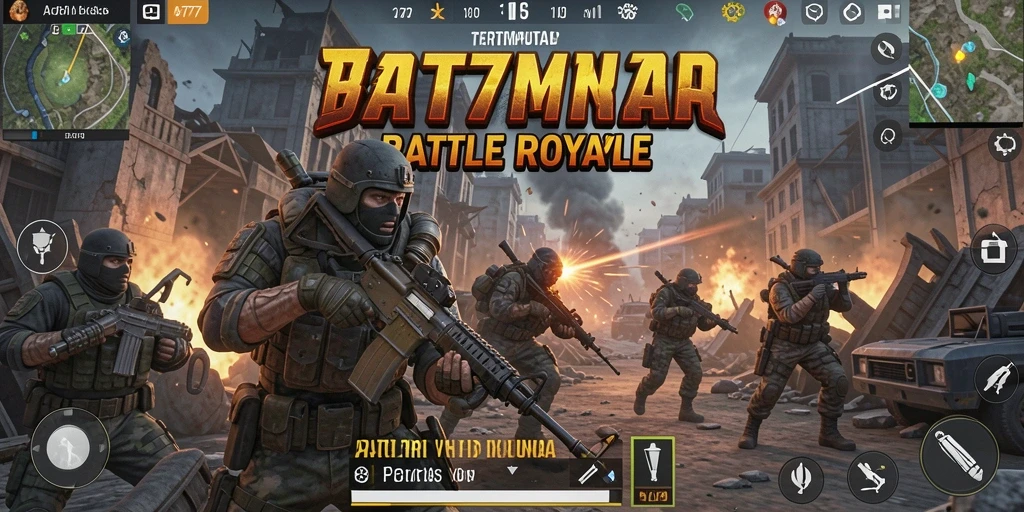 Screenshot A7777 menampilkan aksi pertarungan seru di arena Battle Royale.