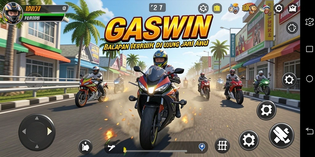 Screenshot gameplay menampilkan motor balap di trek mendebarkan.