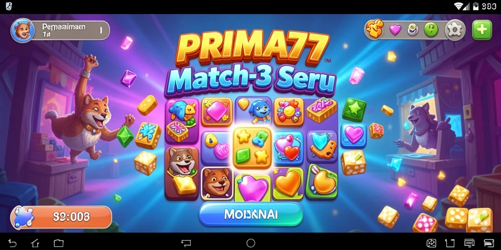 Tampak seru dari gameplay Match-3 PRIMA77 yang penuh warna.