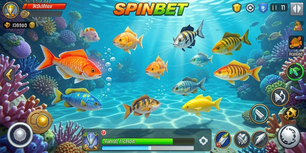 Screenshot gameplay SPINBET menampilkan aksinya saat menembak ikan.